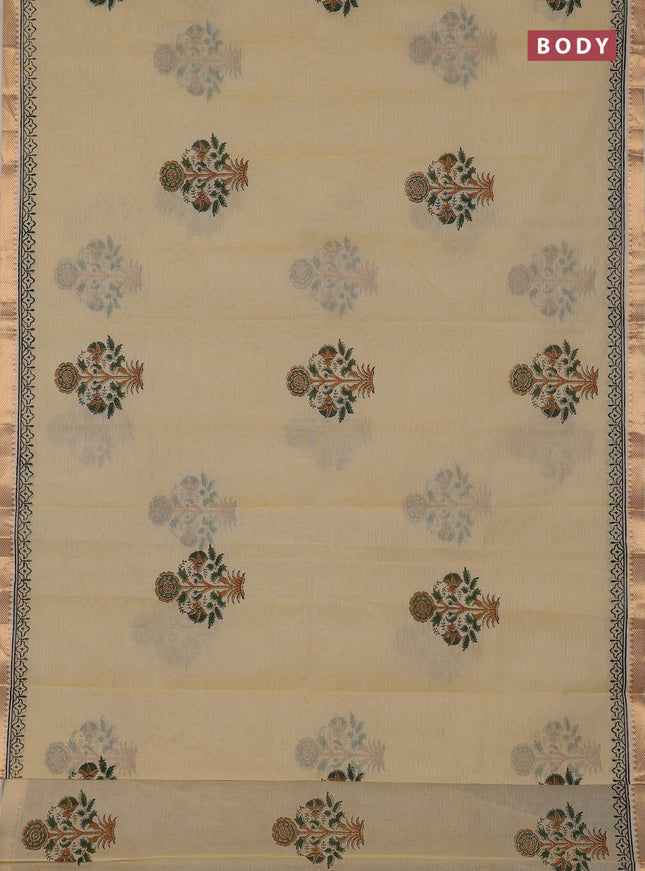 Mangalagiri cotton block printed saree pale yellow with floral butta prints and mangalgiri border