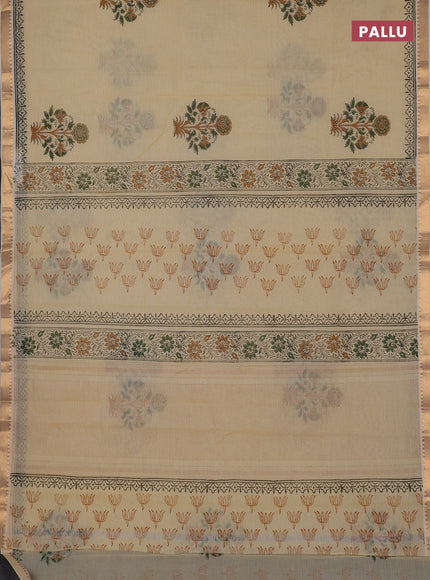 Mangalagiri cotton block printed saree pale yellow with floral butta prints and mangalgiri border