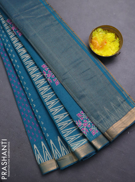 Mangalagiri cotton block printed saree peacock green with allover prints and mangalgiri border