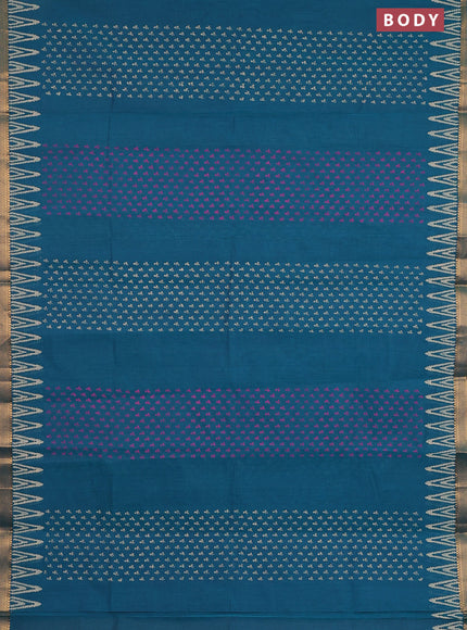 Mangalagiri cotton block printed saree peacock green with allover prints and mangalgiri border