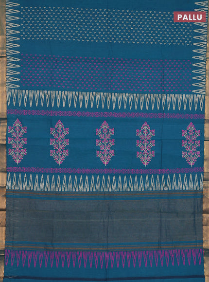 Mangalagiri cotton block printed saree peacock green with allover prints and mangalgiri border