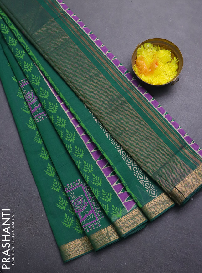 Mangalagiri cotton block printed saree green with butta prints and mangalgiri border