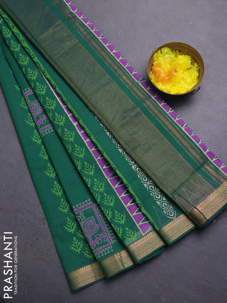 Mangalagiri cotton block printed saree green with butta prints and mangalgiri border