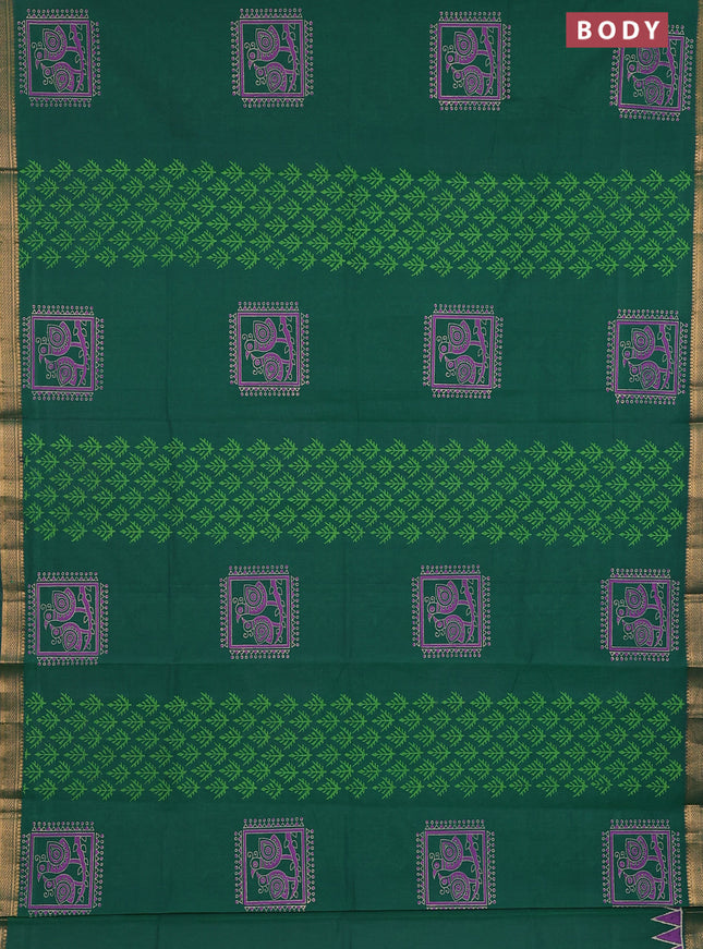 Mangalagiri cotton block printed saree green with butta prints and mangalgiri border