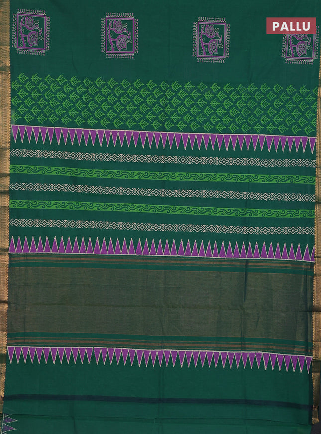 Mangalagiri cotton block printed saree green with butta prints and mangalgiri border