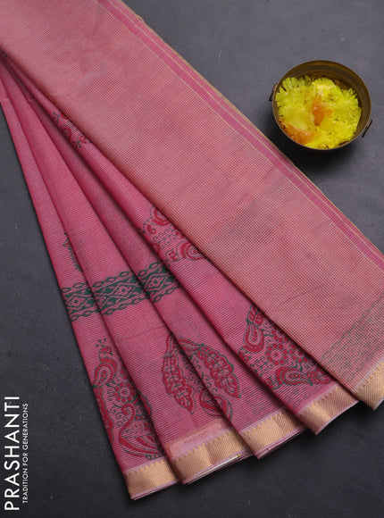 Mangalagiri cotton block printed saree pink with annam butta prints and mangalgiri border
