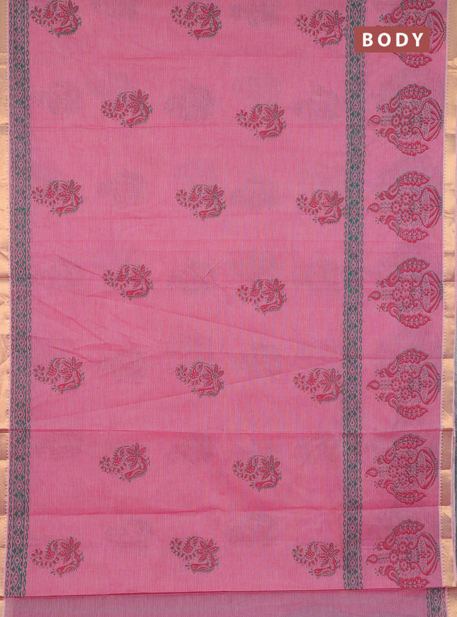Mangalagiri cotton block printed saree pink with annam butta prints and mangalgiri border