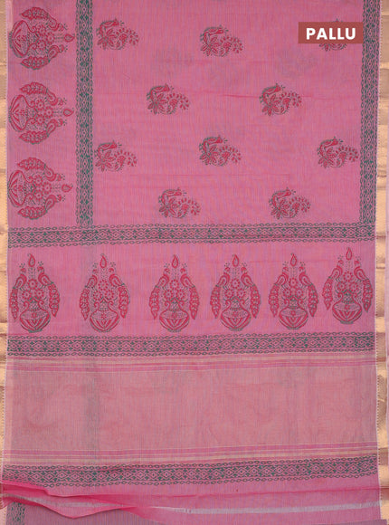 Mangalagiri cotton block printed saree pink with annam butta prints and mangalgiri border