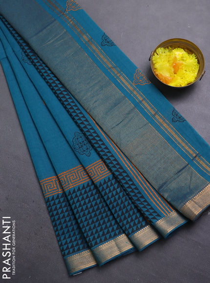 Mangalagiri cotton block printed saree peacock green shade with butta prints and mangalgiri border