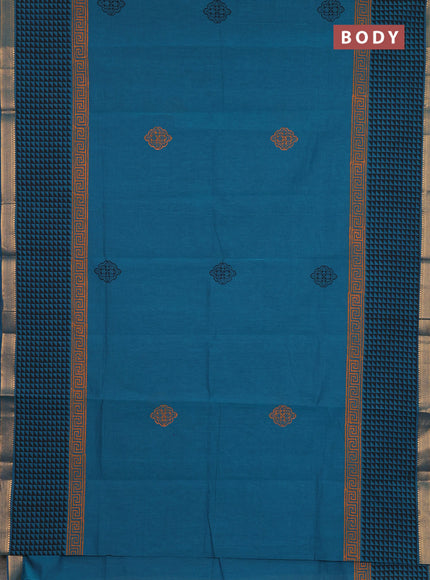 Mangalagiri cotton block printed saree peacock green shade with butta prints and mangalgiri border