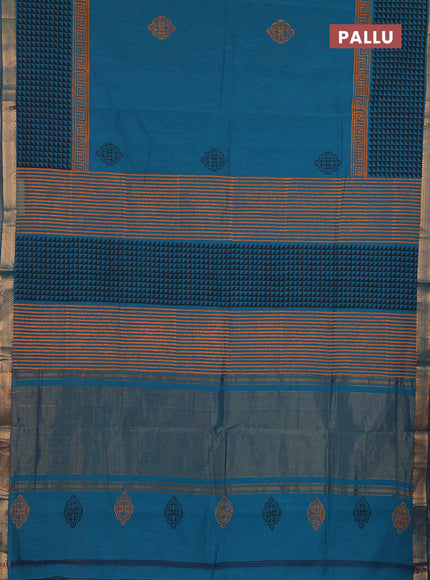 Mangalagiri cotton block printed saree peacock green shade with butta prints and mangalgiri border