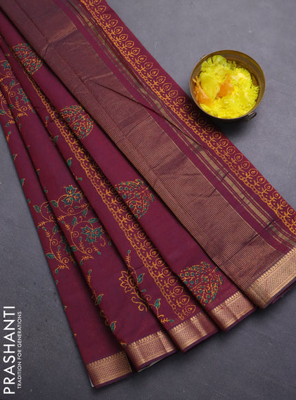 Mangalagiri cotton block printed saree wine shade with allover prints and mangalgiri border
