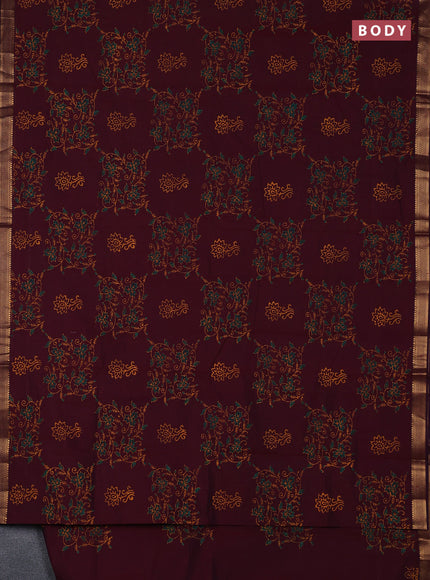 Mangalagiri cotton block printed saree wine shade with allover prints and mangalgiri border