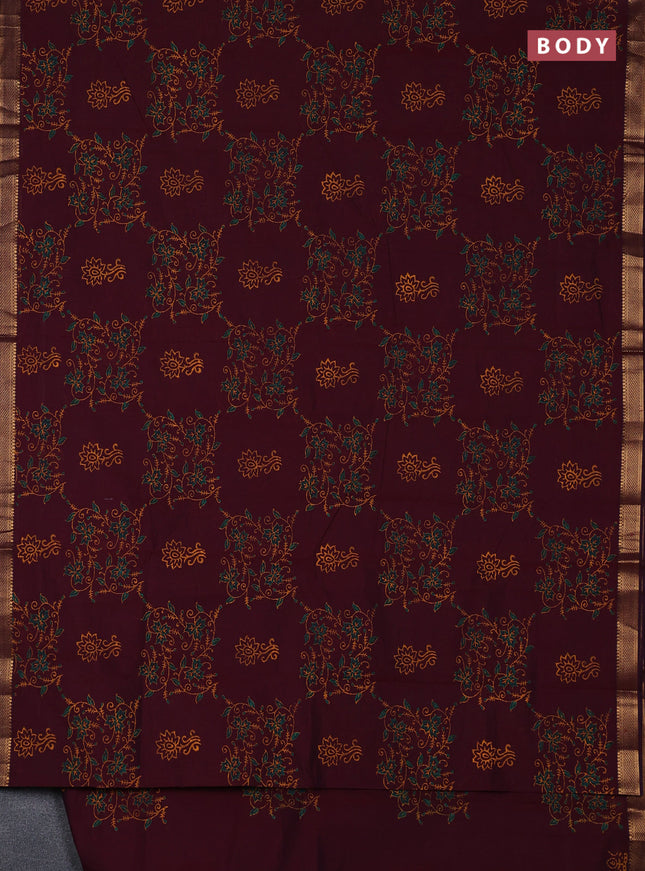 Mangalagiri cotton block printed saree wine shade with allover prints and mangalgiri border