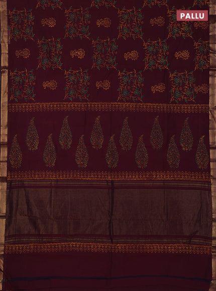 Mangalagiri cotton block printed saree wine shade with allover prints and mangalgiri border