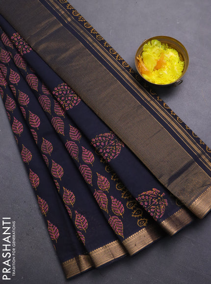 Mangalagiri cotton block printed saree black with allover leaf butta prints and mangalgiri border