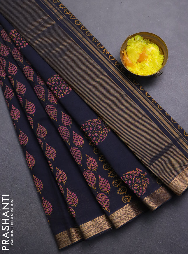 Mangalagiri cotton block printed saree black with allover leaf butta prints and mangalgiri border