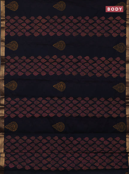 Mangalagiri cotton block printed saree black with allover leaf butta prints and mangalgiri border