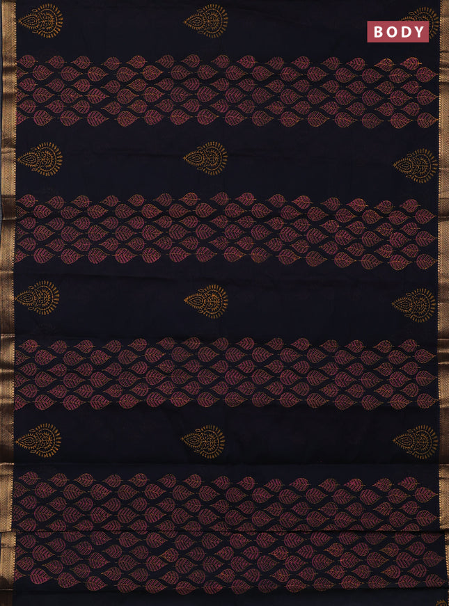 Mangalagiri cotton block printed saree black with allover leaf butta prints and mangalgiri border