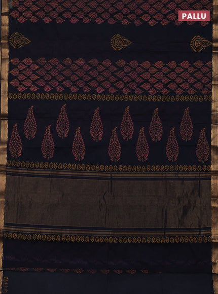 Mangalagiri cotton block printed saree black with allover leaf butta prints and mangalgiri border