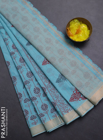 Mangalagiri cotton block printed saree teal blue with butta prints and mangalgiri border