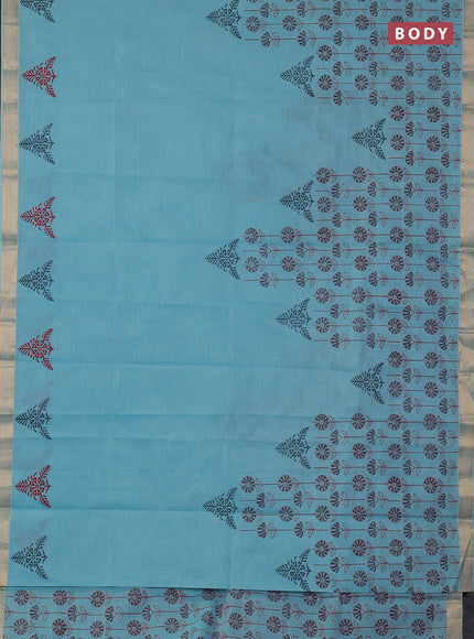 Mangalagiri cotton block printed saree teal blue with butta prints and mangalgiri border