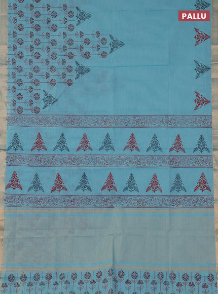 Mangalagiri cotton block printed saree teal blue with butta prints and mangalgiri border