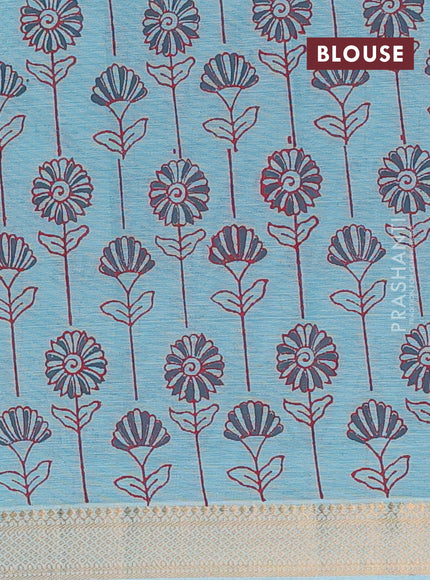 Mangalagiri cotton block printed saree teal blue with butta prints and mangalgiri border