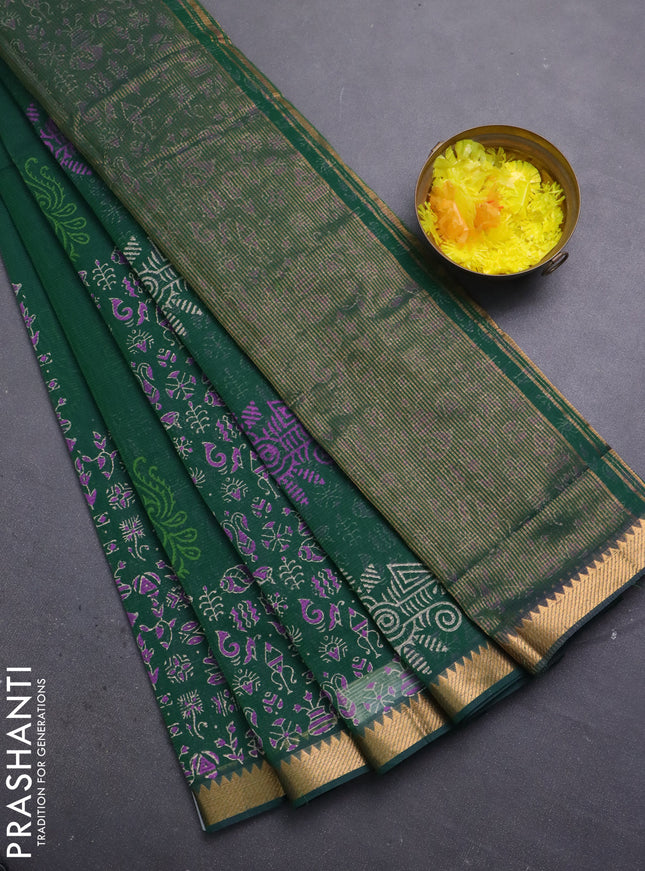 Mangalagiri cotton block printed saree green with prints and mangalgiri border