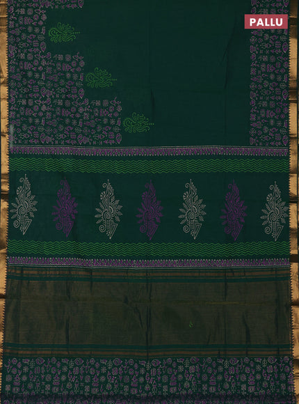 Mangalagiri cotton block printed saree green with prints and mangalgiri border