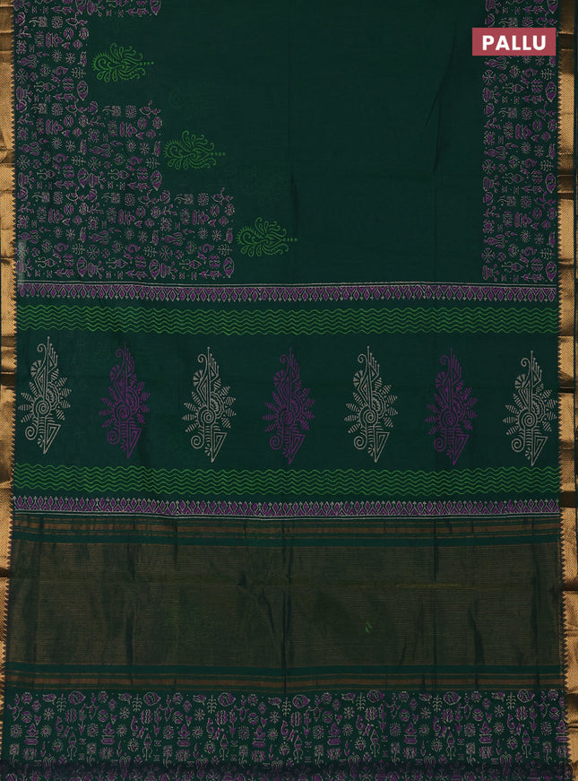 Mangalagiri cotton block printed saree green with prints and mangalgiri border