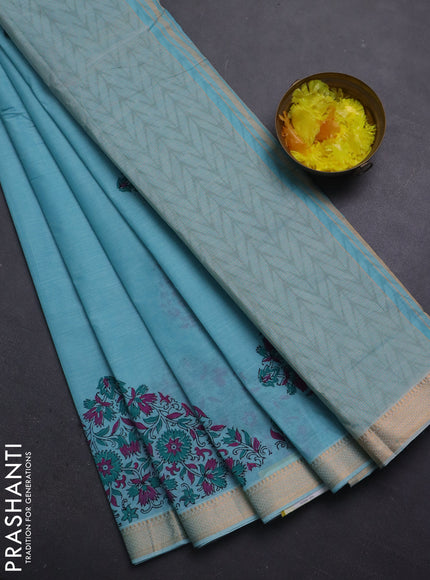 Mangalagiri cotton block printed saree light blue with butta prints and mangalgiri border