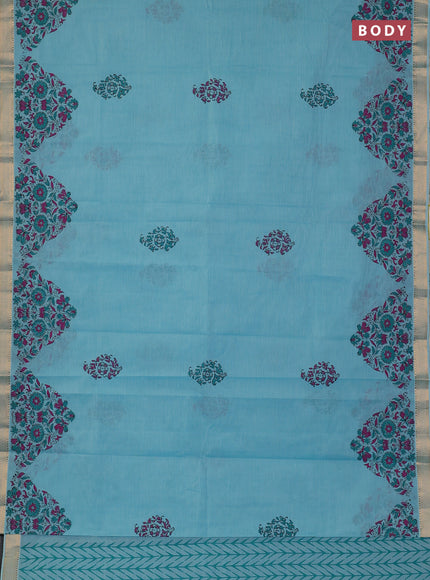 Mangalagiri cotton block printed saree light blue with butta prints and mangalgiri border