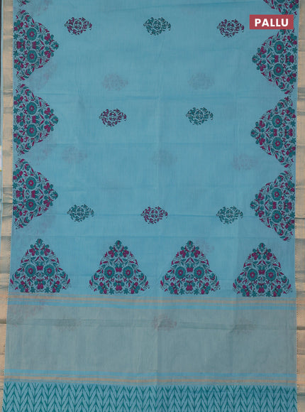Mangalagiri cotton block printed saree light blue with butta prints and mangalgiri border