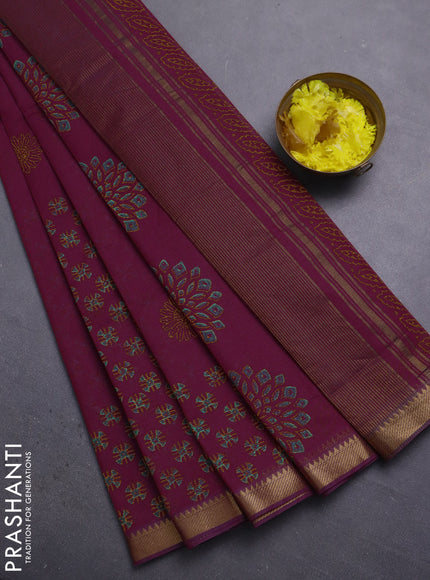 Mangalagiri cotton block printed saree dark magenta pink with allover prints and mangalgiri border