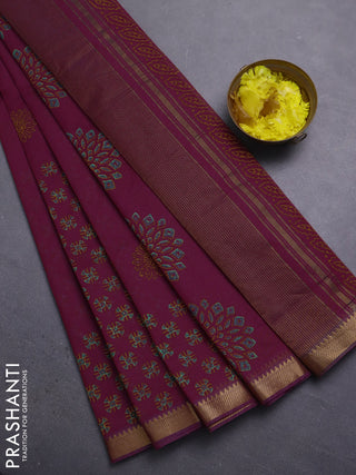 Mangalagiri cotton block printed saree dark magenta pink with allover prints and mangalgiri border