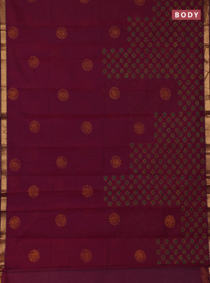Mangalagiri cotton block printed saree dark magenta pink with allover prints and mangalgiri border