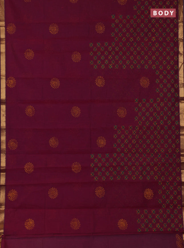 Mangalagiri cotton block printed saree dark magenta pink with allover prints and mangalgiri border