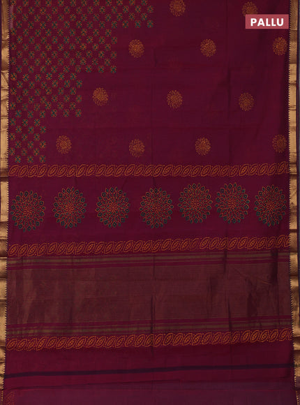 Mangalagiri cotton block printed saree dark magenta pink with allover prints and mangalgiri border