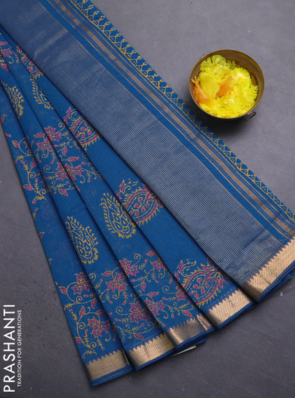 Mangalagiri cotton block printed saree cs blue with allover prints and mangalgiri border