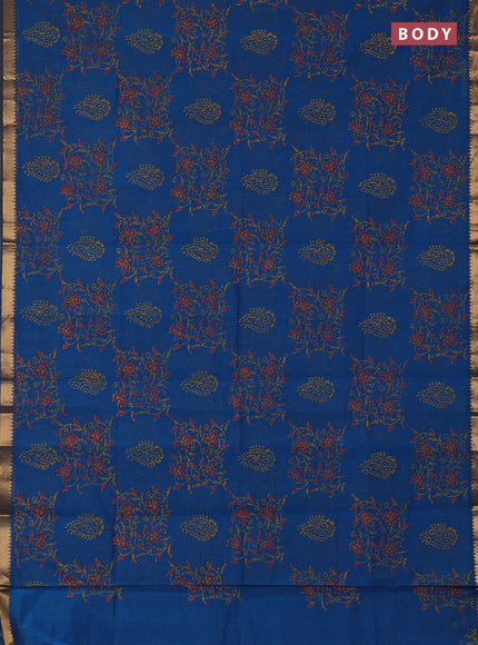 Mangalagiri cotton block printed saree cs blue with allover prints and mangalgiri border