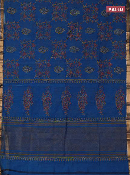 Mangalagiri cotton block printed saree cs blue with allover prints and mangalgiri border