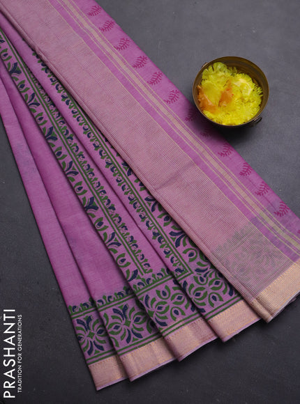 Mangalagiri cotton block printed saree mild lavender with butta prints and mangalgiri border