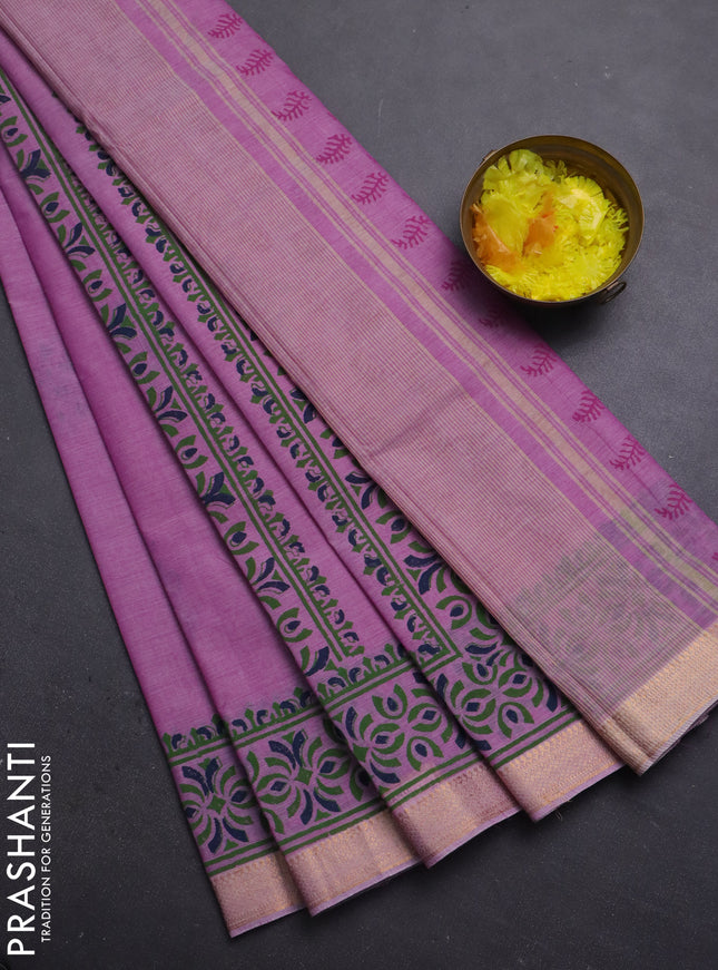 Mangalagiri cotton block printed saree mild lavender with butta prints and mangalgiri border