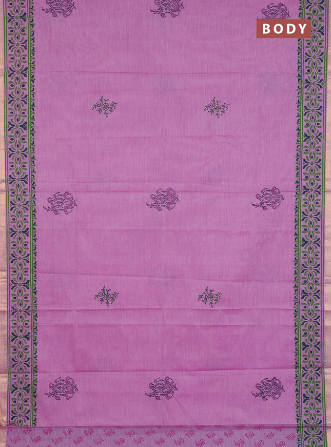 Mangalagiri cotton block printed saree mild lavender with butta prints and mangalgiri border