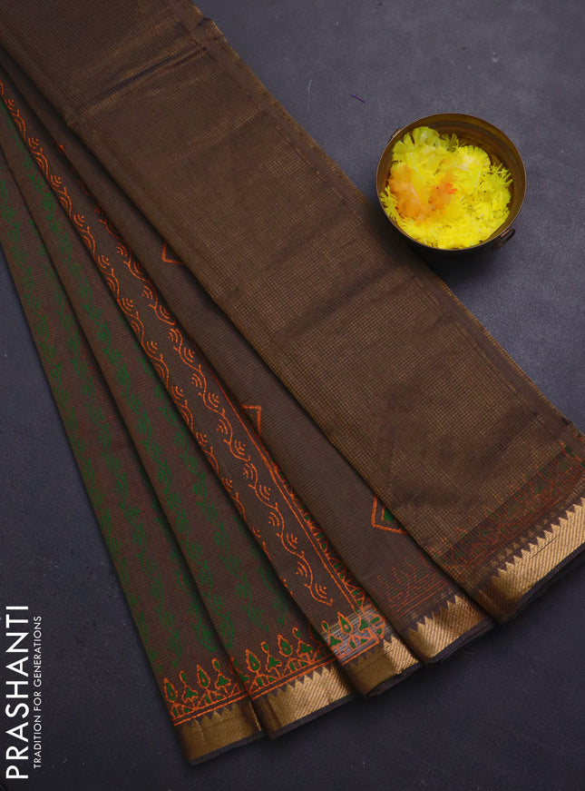 Mangalagiri cotton block printed saree pastel brown with allover prints and mangalgiri border