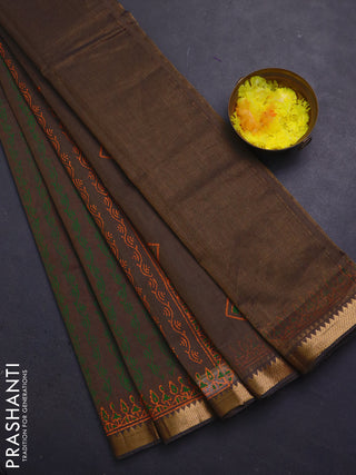 Mangalagiri cotton block printed saree pastel brown with allover prints and mangalgiri border