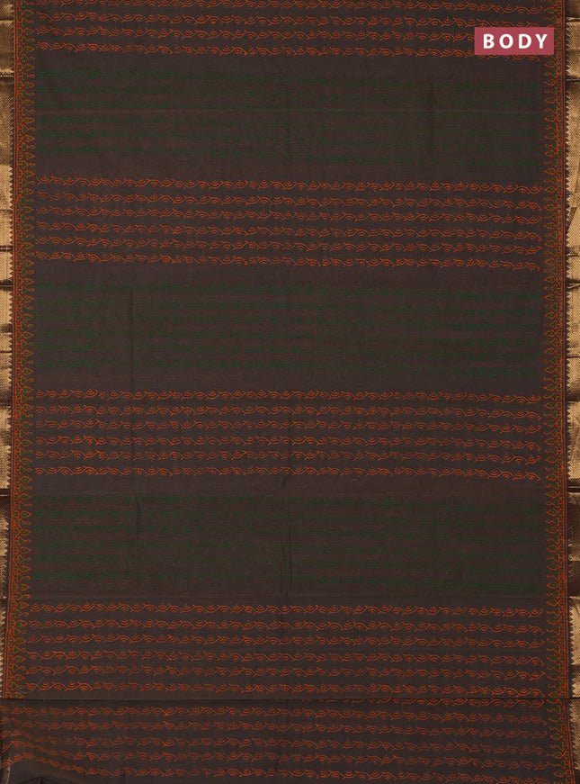 Mangalagiri cotton block printed saree pastel brown with allover prints and mangalgiri border
