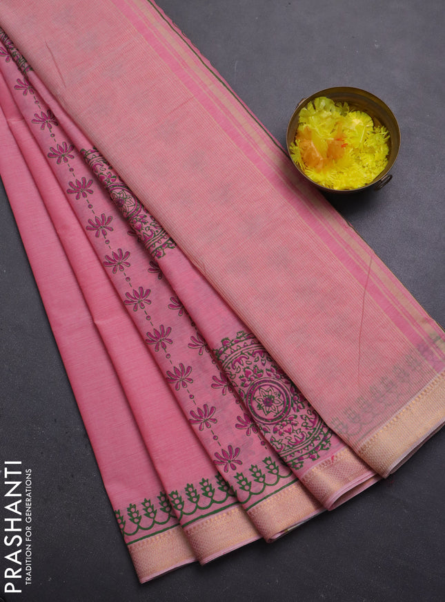 Mangalagiri cotton block printed saree mild peach pink with prints and mangalgiri border