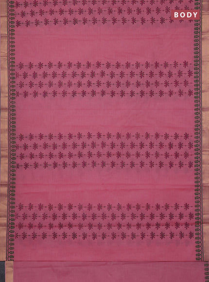 Mangalagiri cotton block printed saree mild peach pink with prints and mangalgiri border
